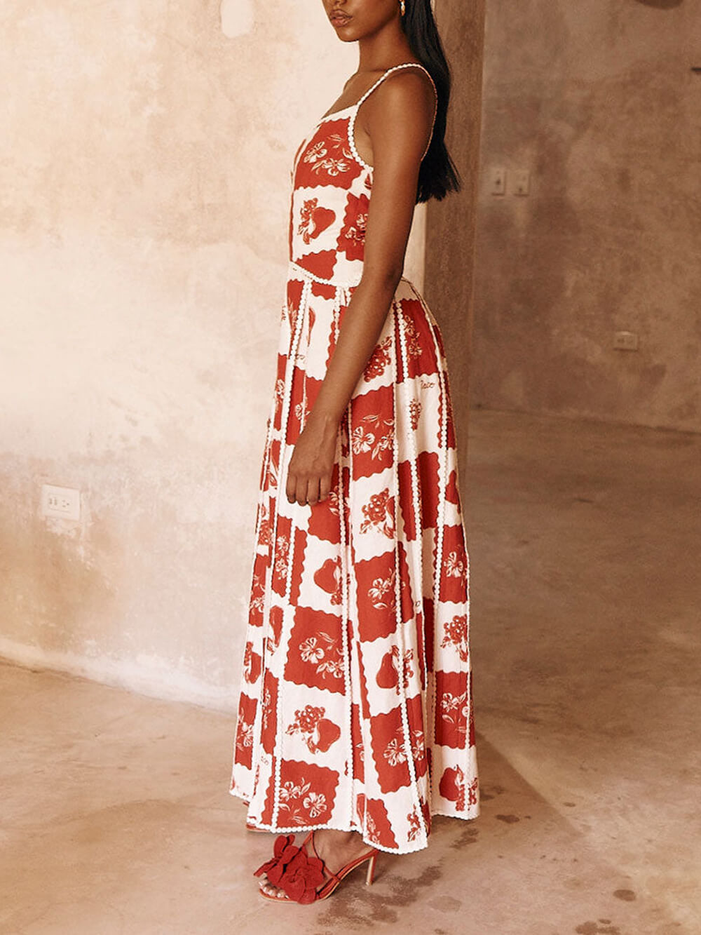 Trim Unique Printed One Shoulder Flared Maxi Dress