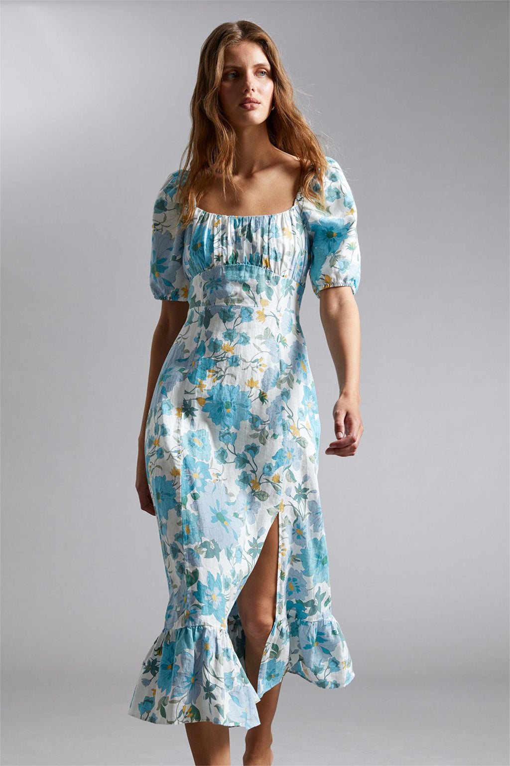 Puff Sleeve Square Collar Slit Midi Dress