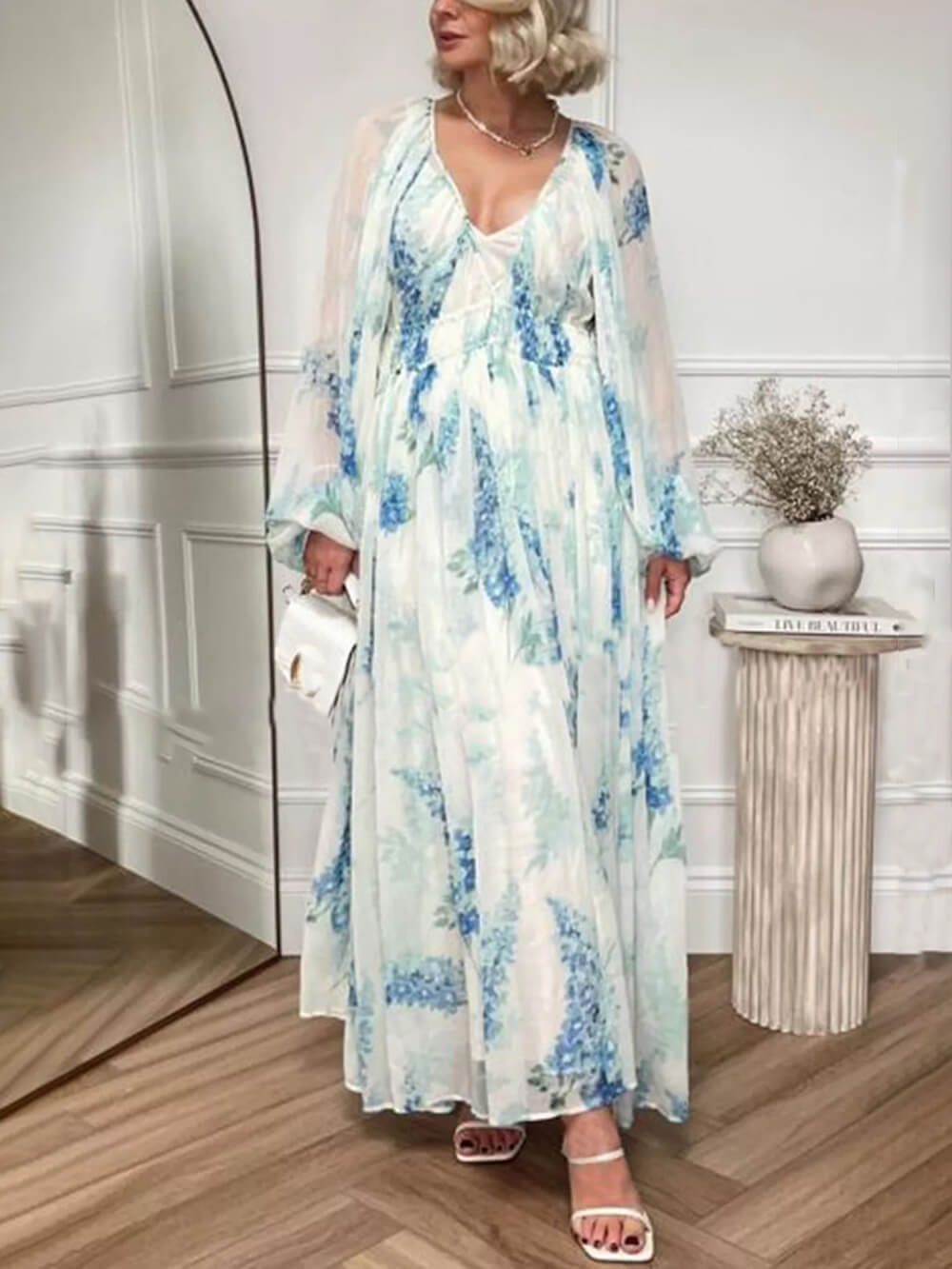 Ocean Flower Chiffon Drawstring Waist Maxi Dress