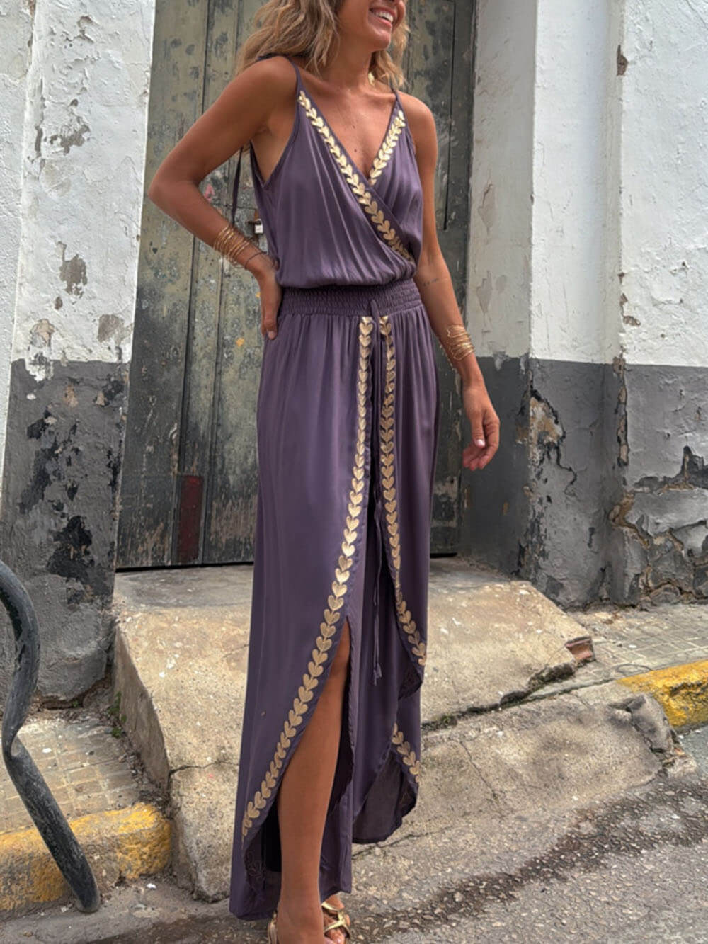 Unique Gold Trim Cross-neck Elastic Waist Drawstring Slit Jumpsuit