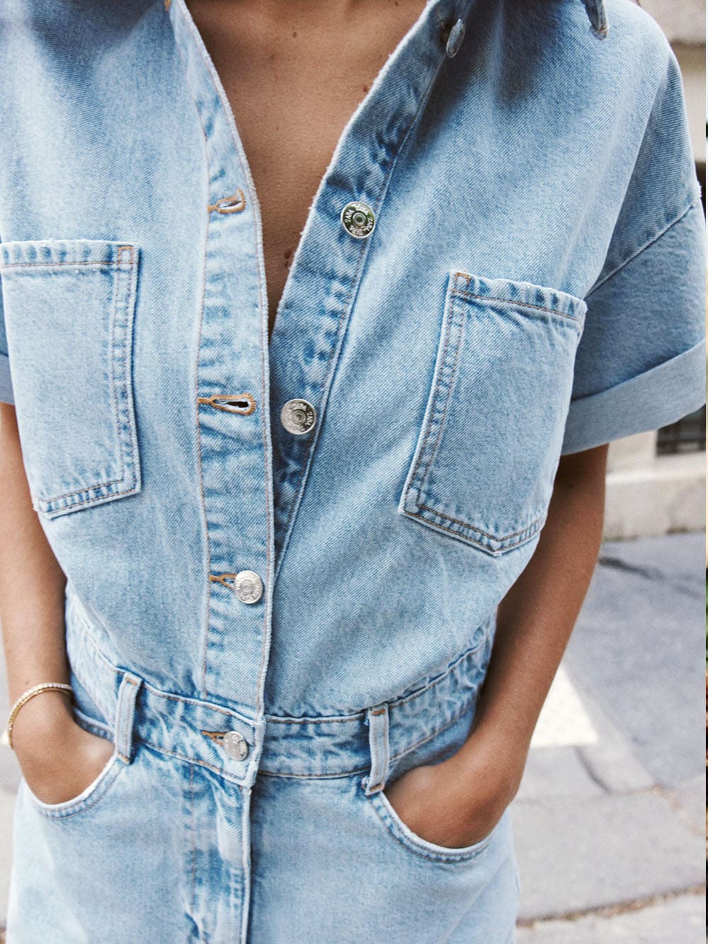 Mini Denim Cuffed-romper-blue