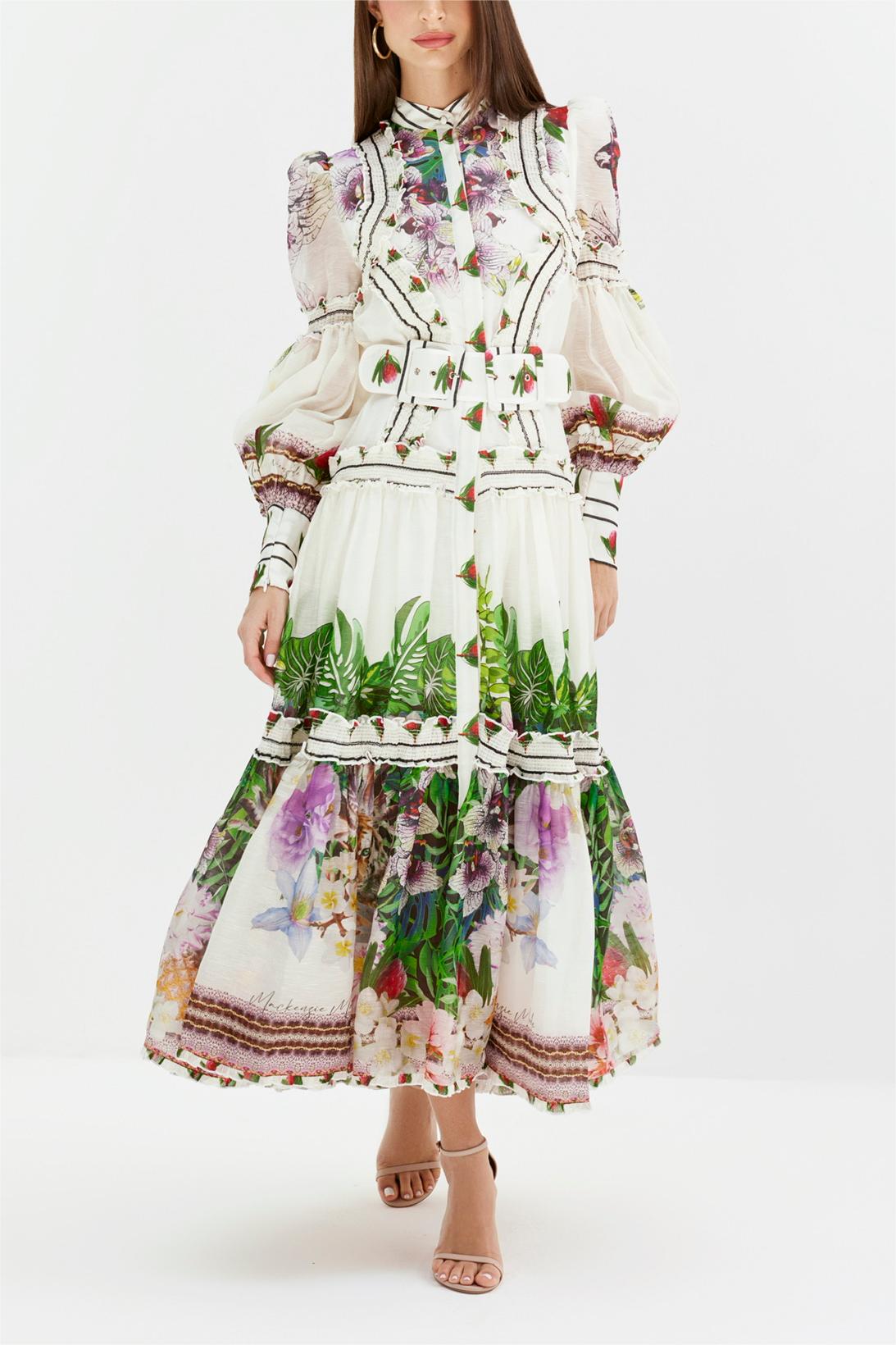 Lantern Sleeve Midi Dress With Belt