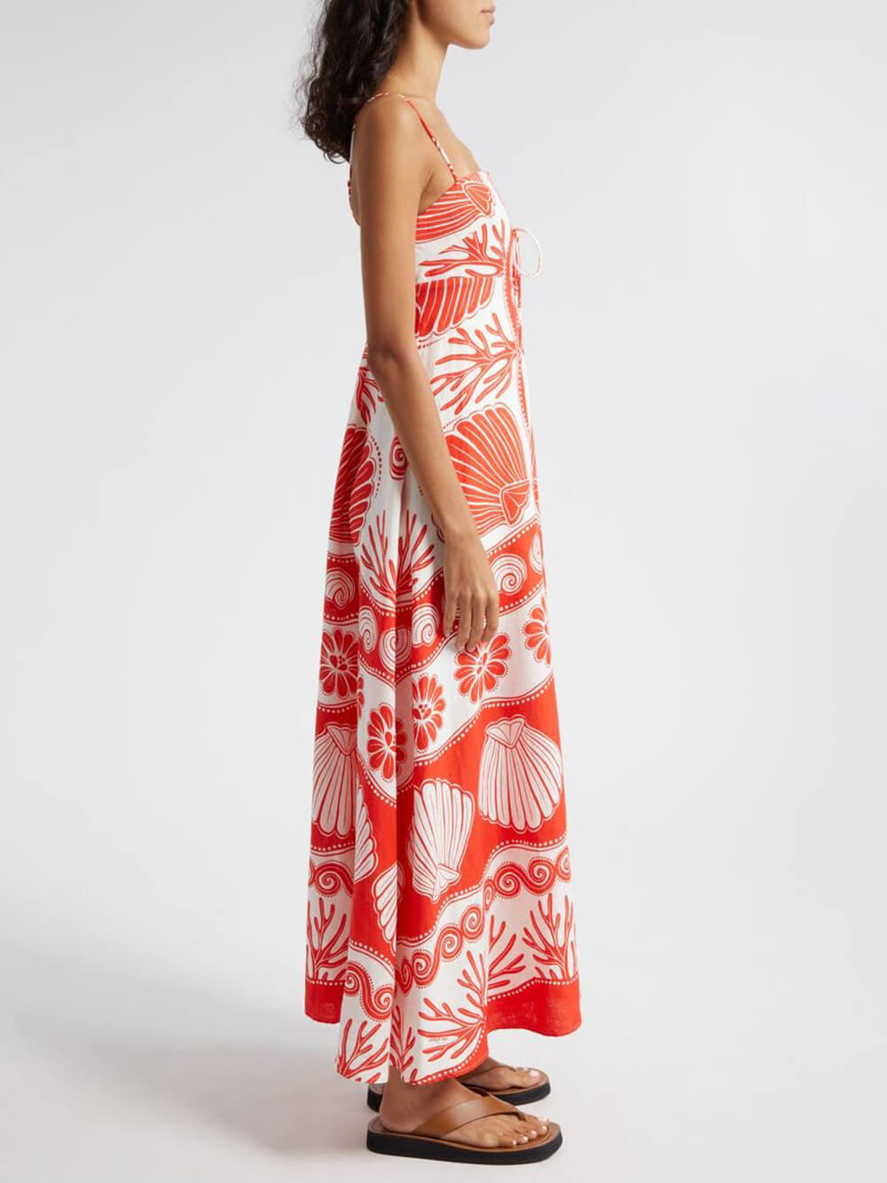 Shell Unique Print Front Lace-up Loose Maxi Dress