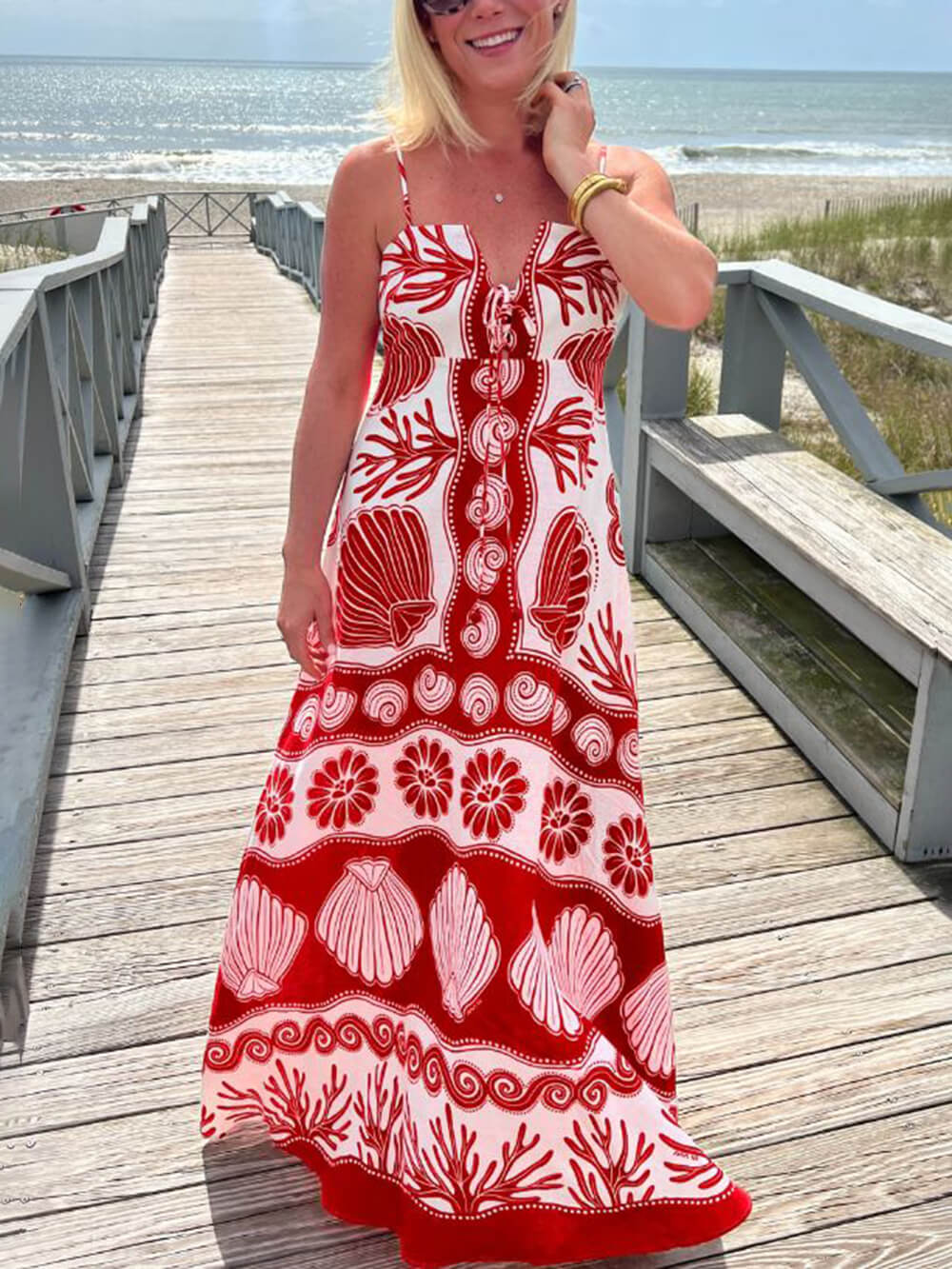 Shell Unique Print Front Lace-up Loose Maxi Dress