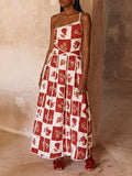 Trim Unique Printed One Shoulder Flared Maxi Dress