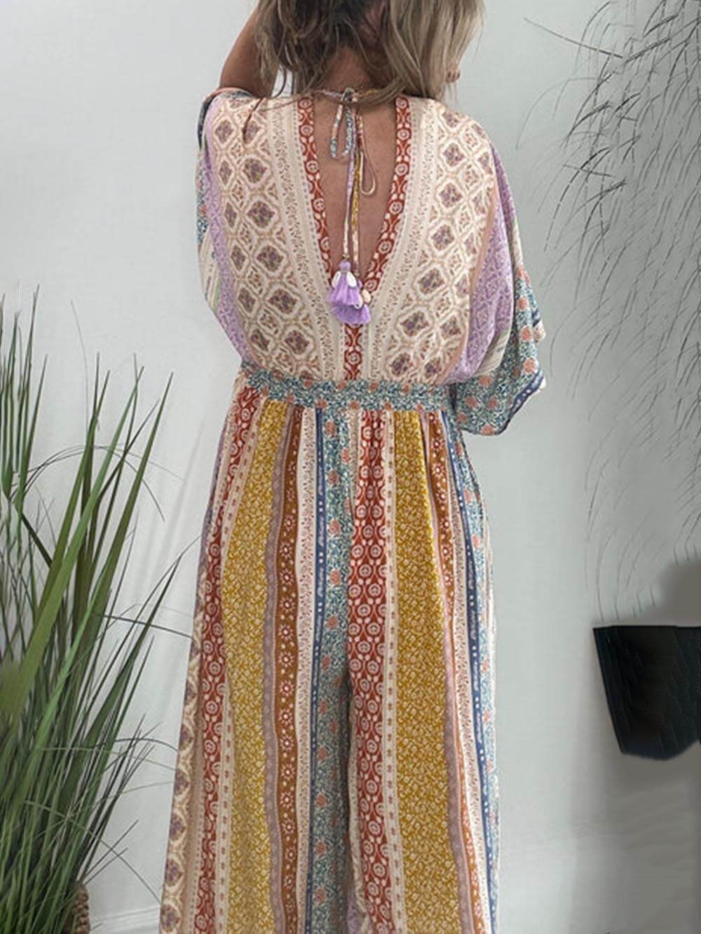 Retro Flare Sleeve Pocketed Loose Wide Leg Jumpsuit