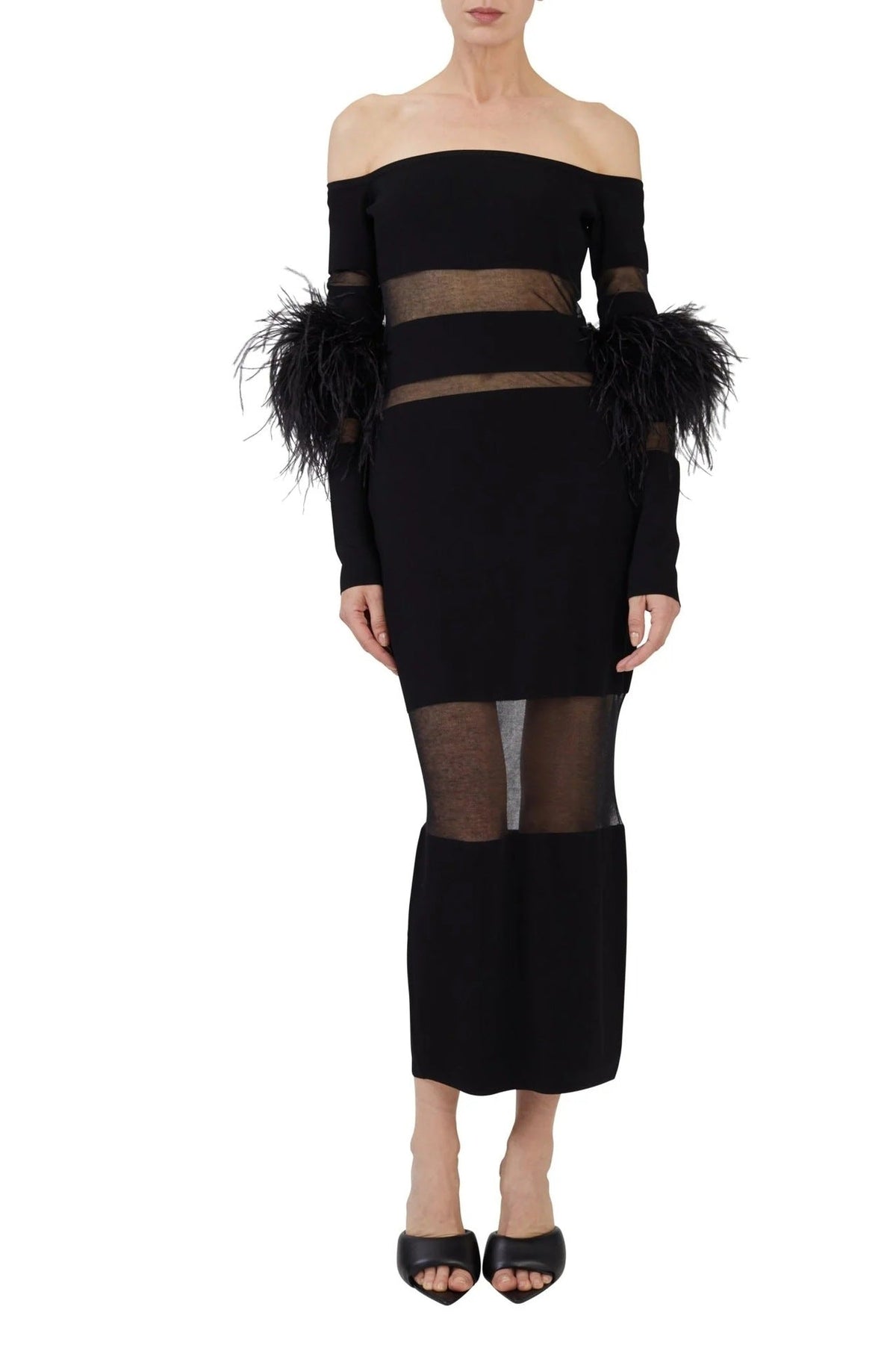 Long Sleeve Off-shoulder Feather Midi Dress