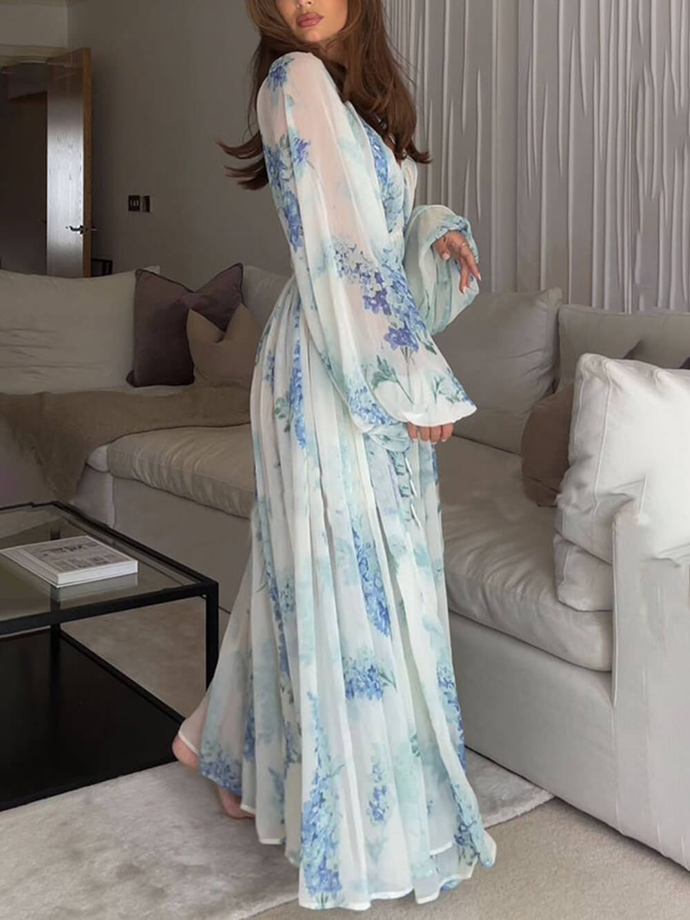 Ocean Flower Chiffon Drawstring Waist Maxi Dress