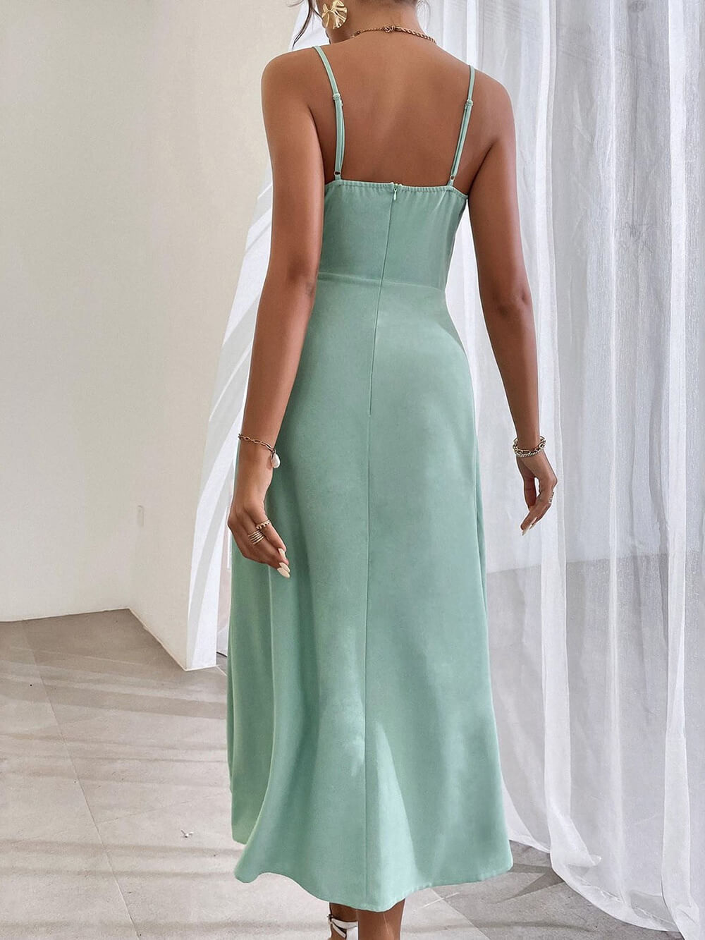 Spaghetti Strap Pleated Leg Slit Dress