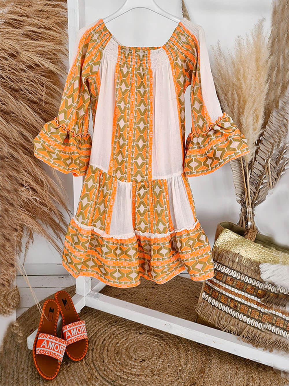 Print Linen Blend Off Shoulder Loose Mini Dress