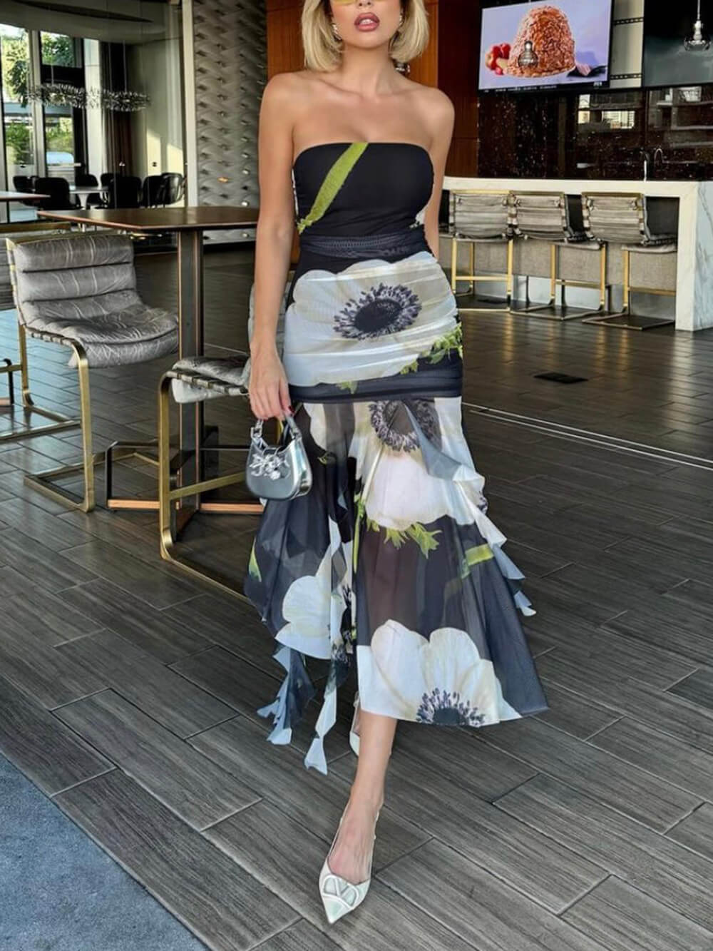 Mesh Overlay Print Off Shoulder Ruched Ruffles Stretch Midi Dress