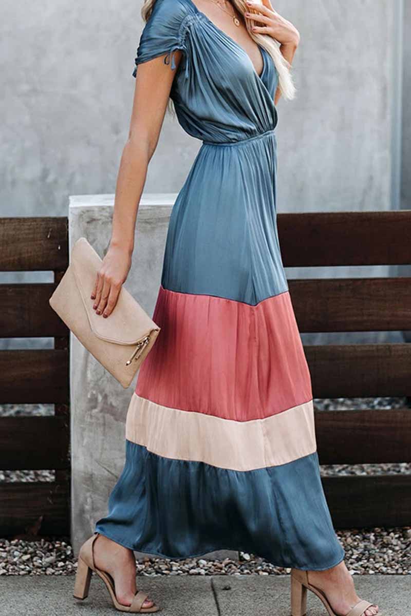 Summer Loose Multicolor Stitching V-neck Short Sleeves Midi Dress