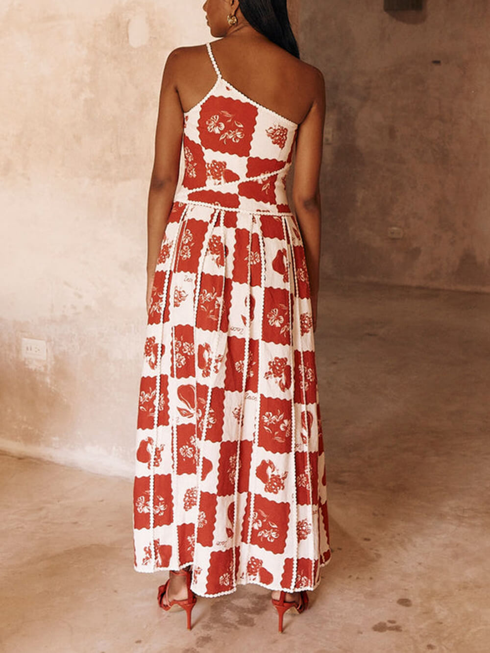 Trim Unique Printed One Shoulder Flared Maxi Dress