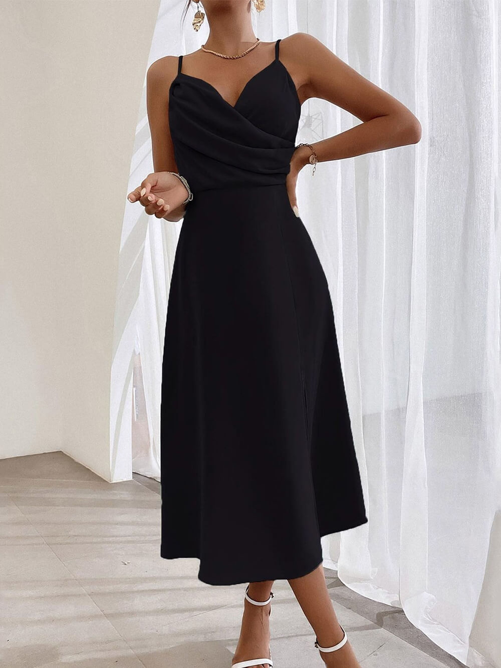 Spaghetti Strap Pleated Leg Slit Dress