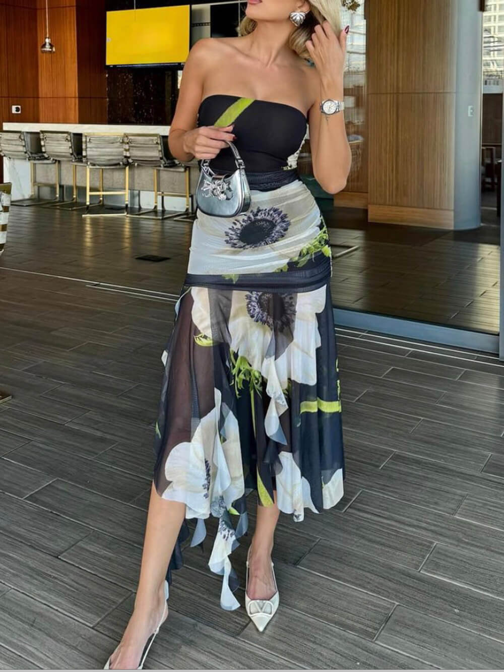 Mesh Overlay Print Off Shoulder Ruched Ruffles Stretch Midi Dress