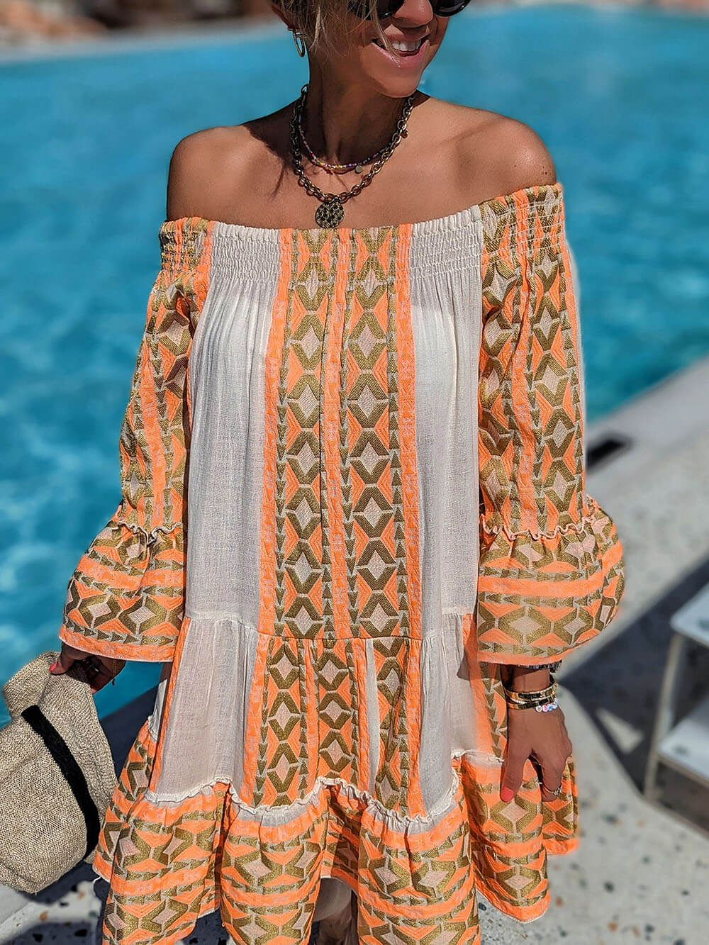 Print Linen Blend Off Shoulder Loose Mini Dress