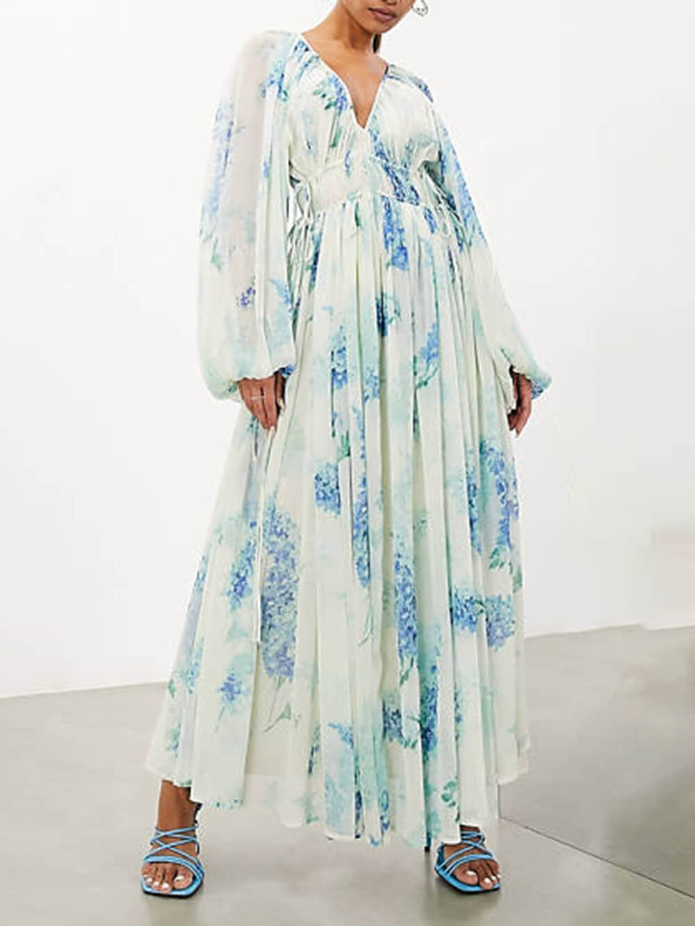 Ocean Flower Chiffon Drawstring Waist Maxi Dress