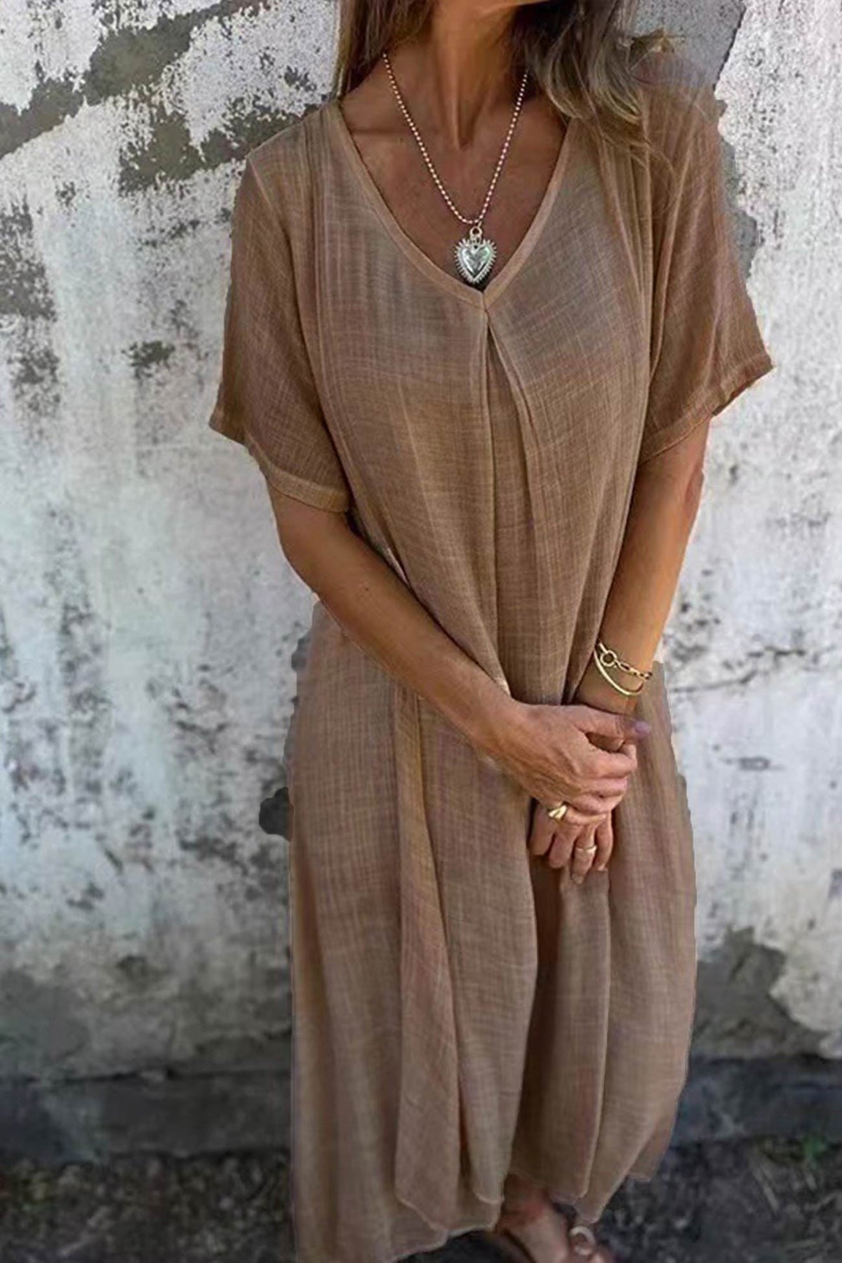 Cotton V Neck Midi Dress