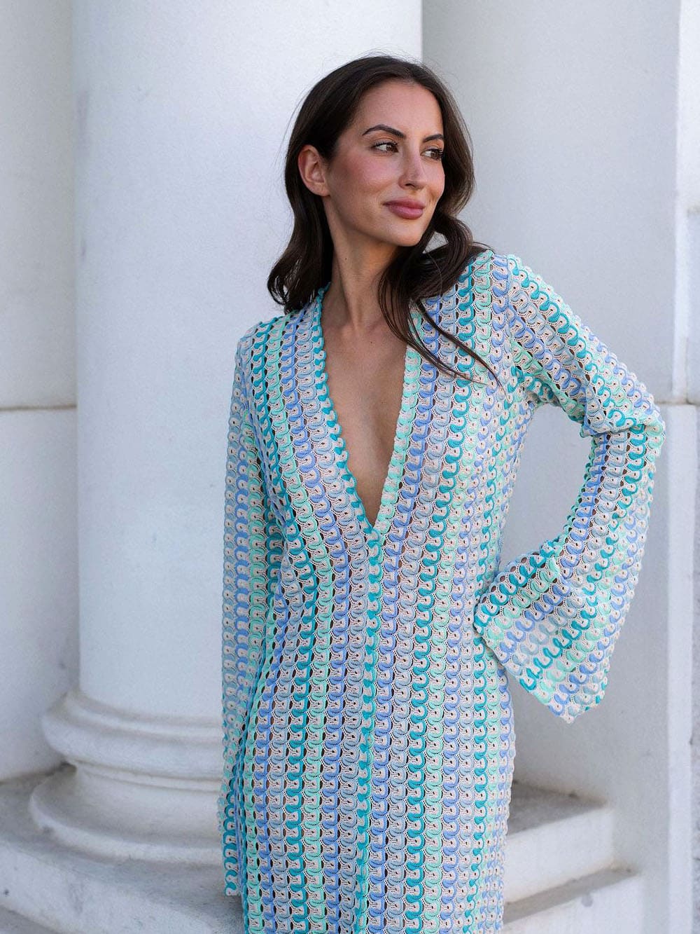 V Neck Bell Sleeve Wavy Striped Crochet Beach Vacation Maxi Dress - Blue