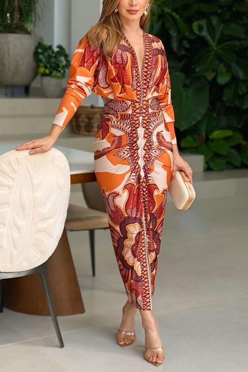 V Neck Long Sleeves Ruched Slit Printed Midi Dress