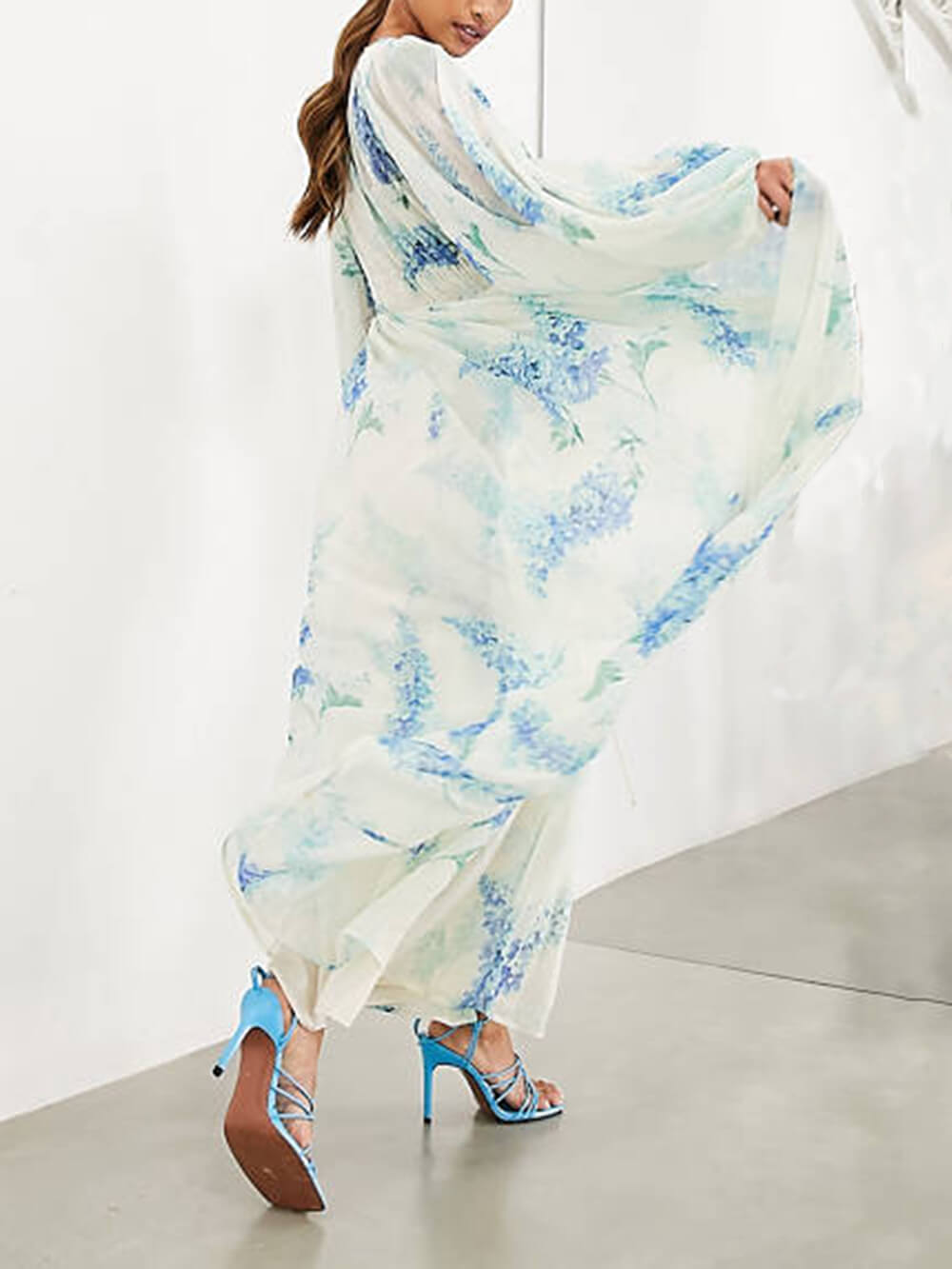 Ocean Flower Chiffon Drawstring Waist Maxi Dress