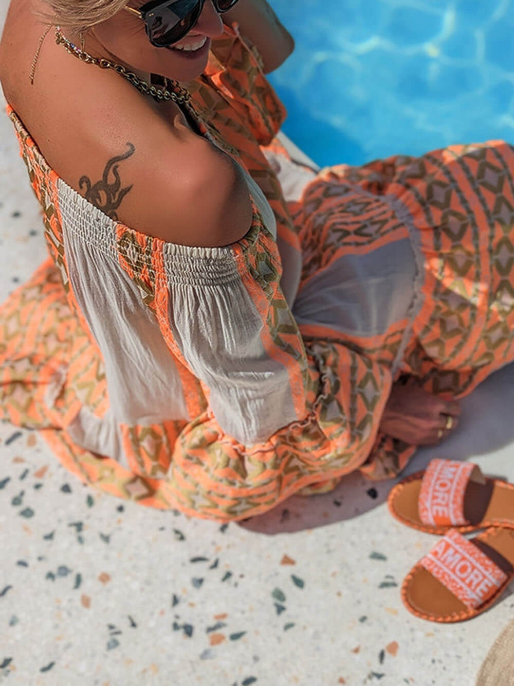 Print Linen Blend Off Shoulder Loose Mini Dress