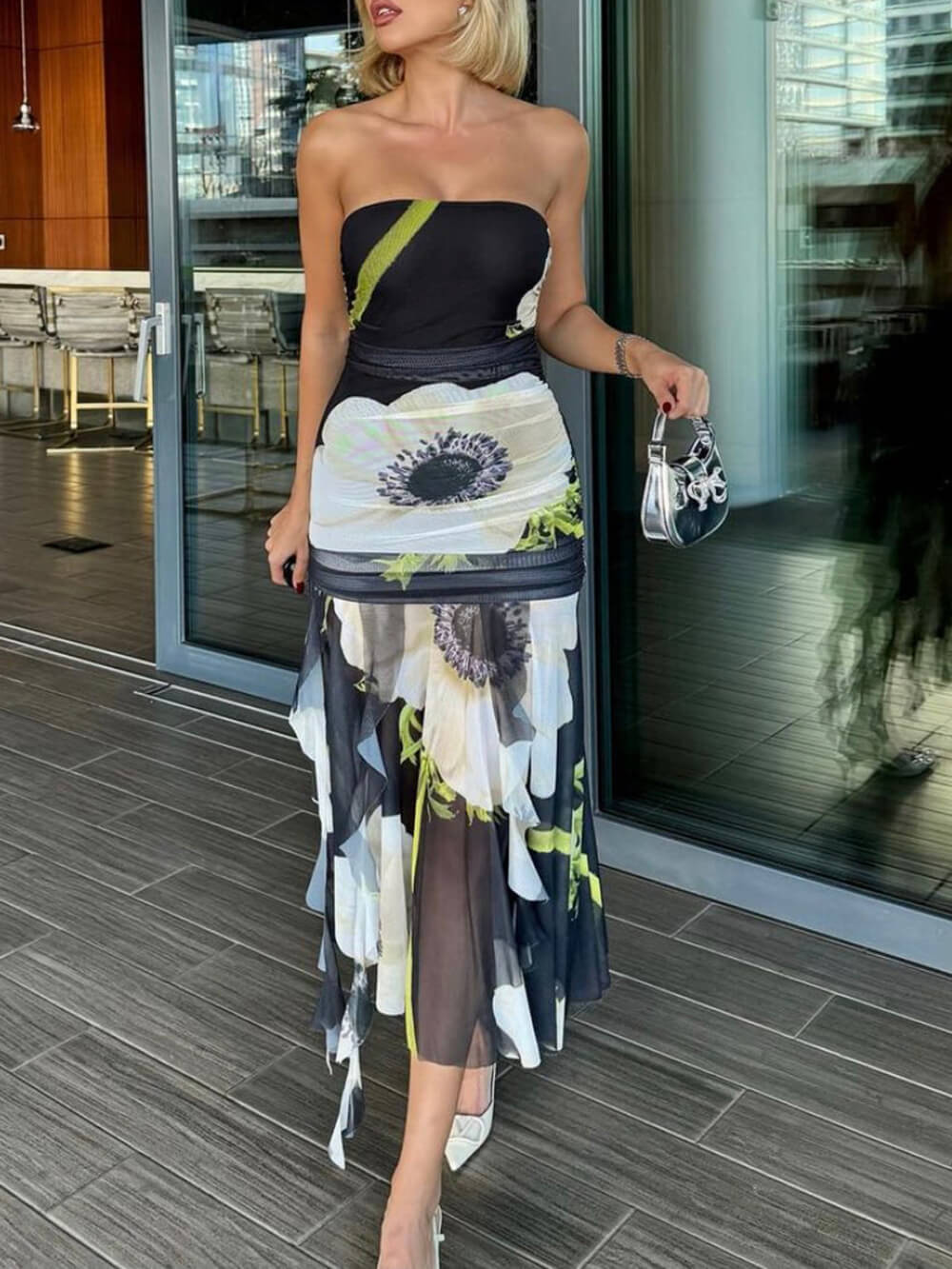 Mesh Overlay Print Off Shoulder Ruched Ruffles Stretch Midi Dress