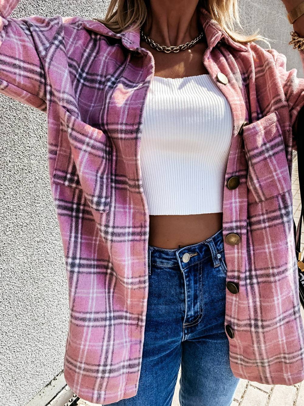Plaid Brushed Wool Cardigan Jacket