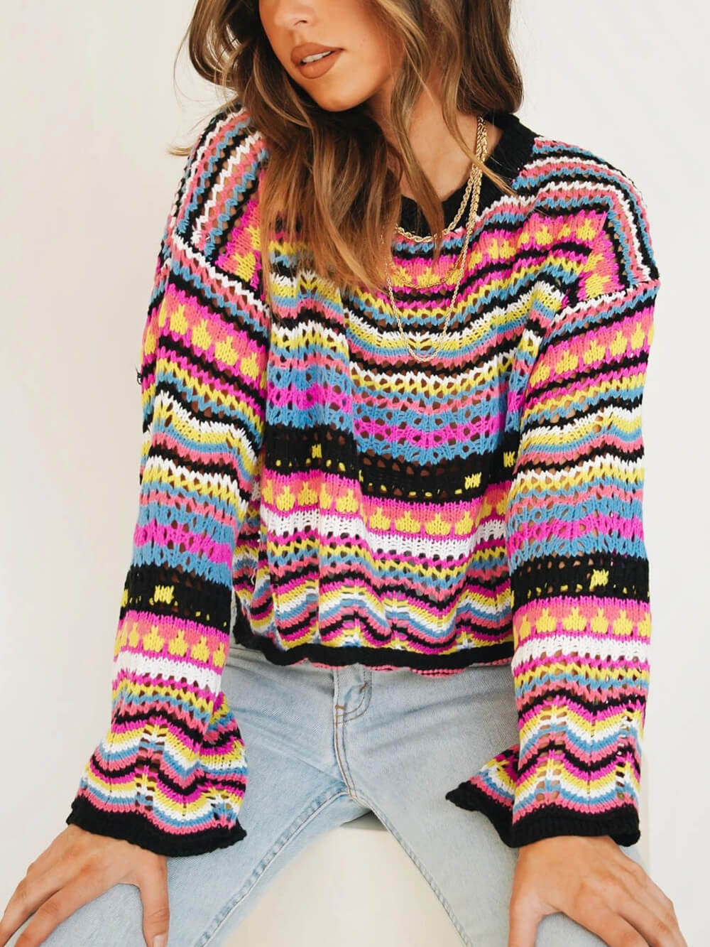 Mid-color Crew Neck Striped Sweater