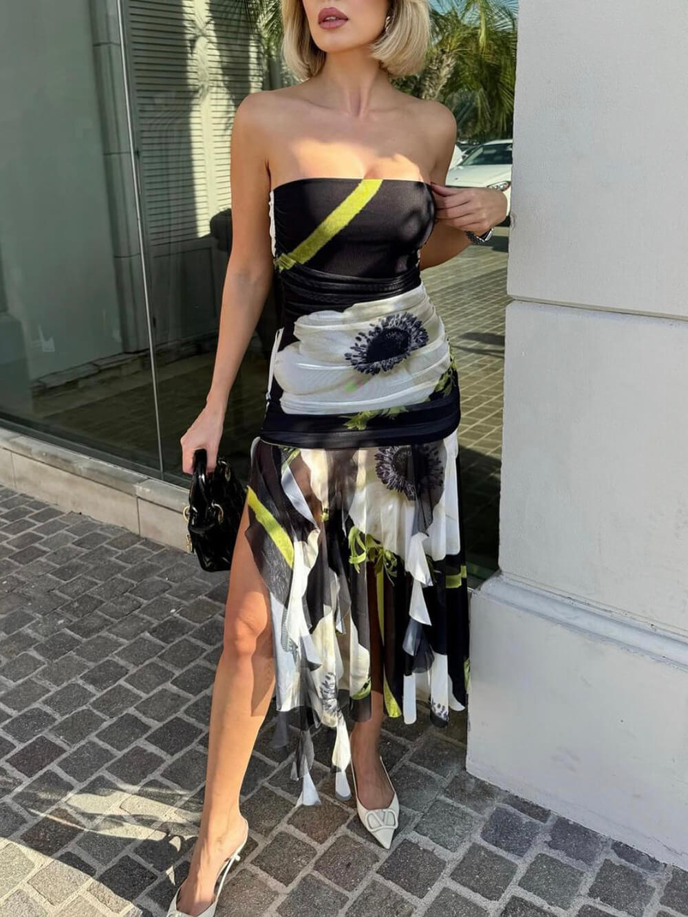Mesh Overlay Print Off Shoulder Ruched Ruffles Stretch Midi Dress