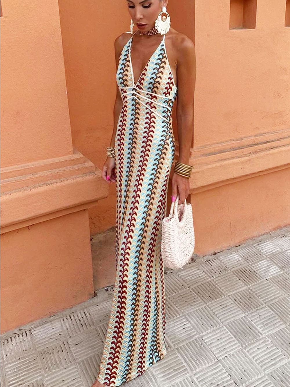 Halter V Neck Backless Pattern Knit Slim-fit Vacation Maxi Dresses-beige