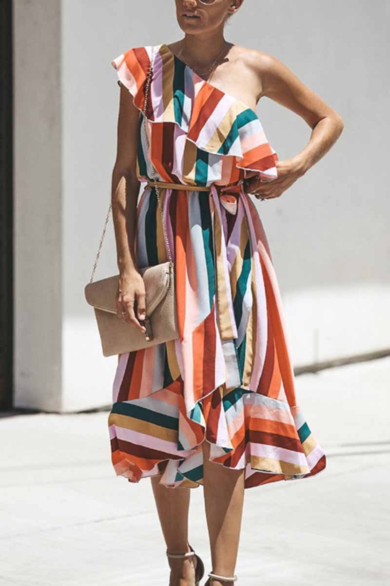 Striped One Off Shoulder Sleeveless Ruffle Irregular Midi Dress