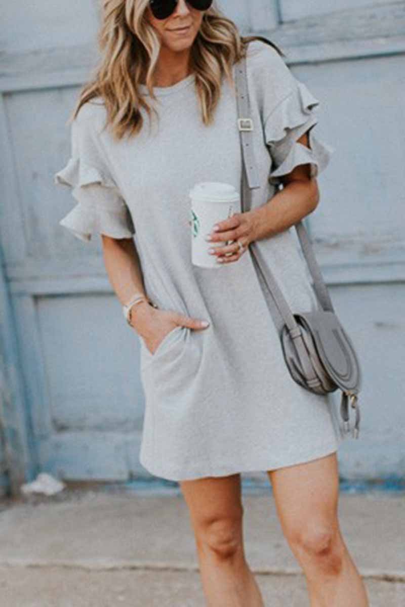 Color O-neck Ruffle Mini Dress