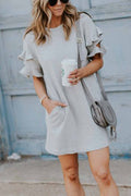 Color O-neck Ruffle Mini Dress