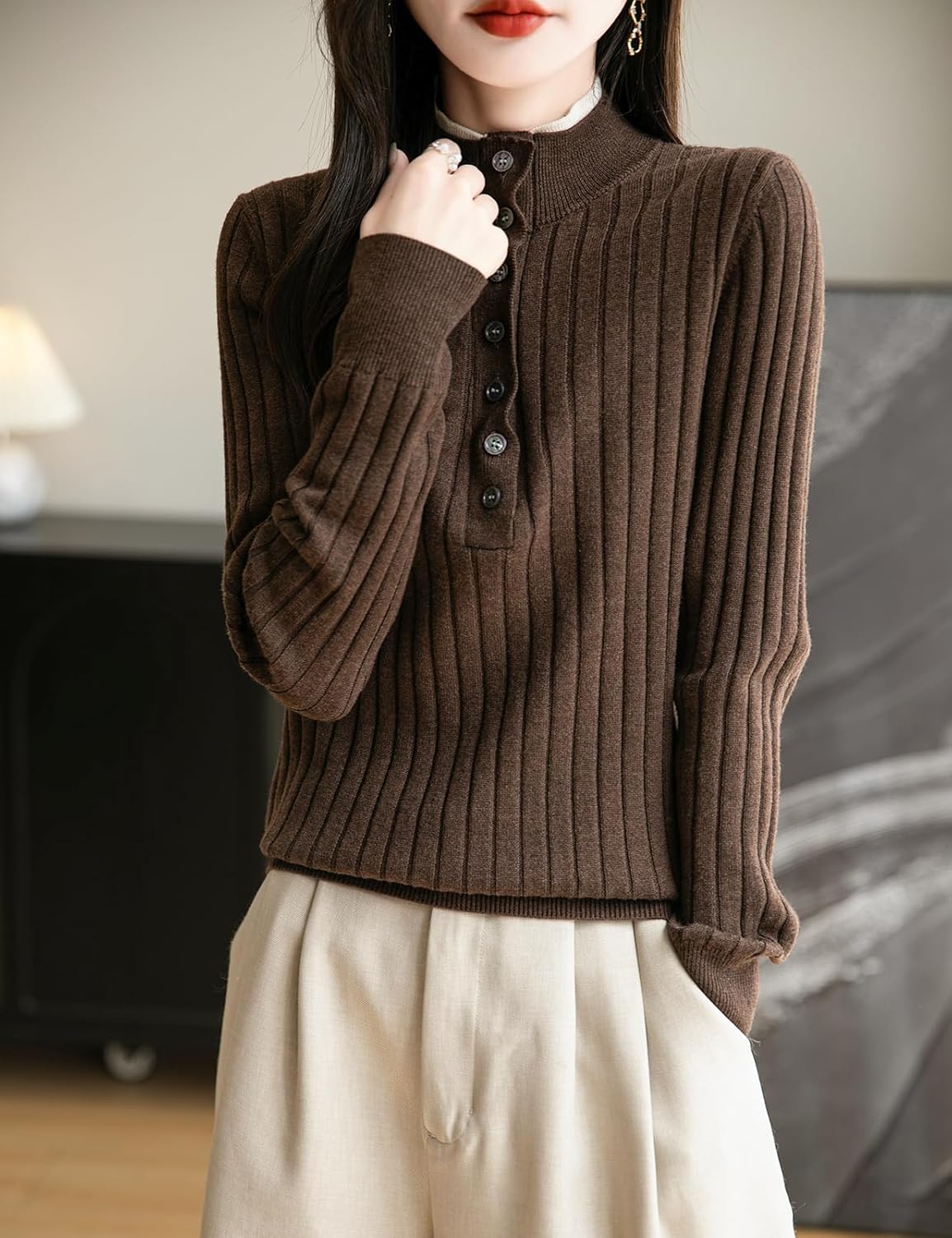 Merino Wool Blend Color Block Stand Collar Sweater
