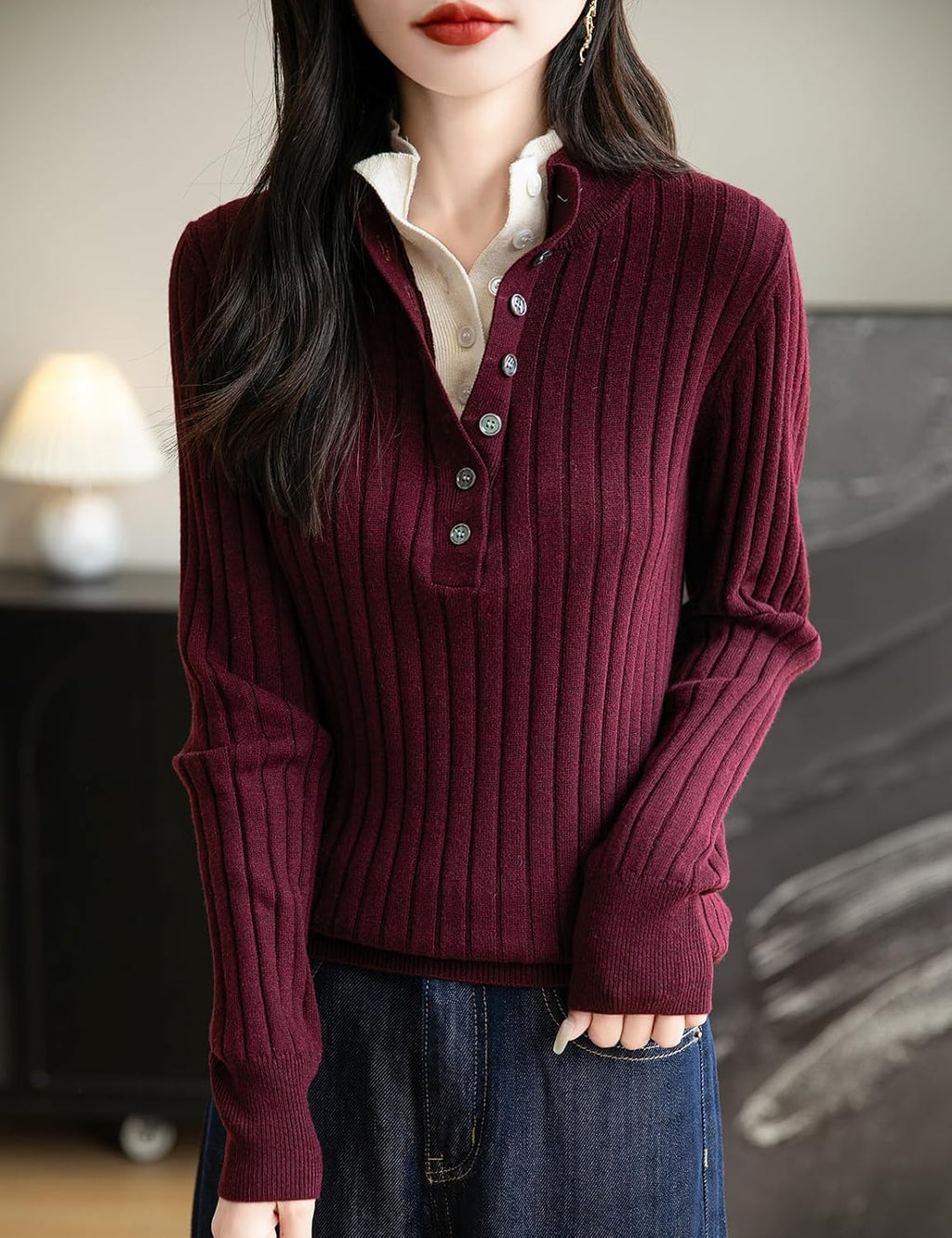 Merino Wool Blend Color Block Stand Collar Sweater