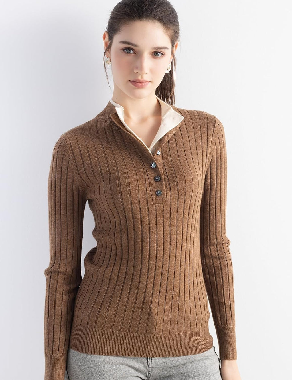 Merino Wool Blend Color Block Stand Collar Sweater