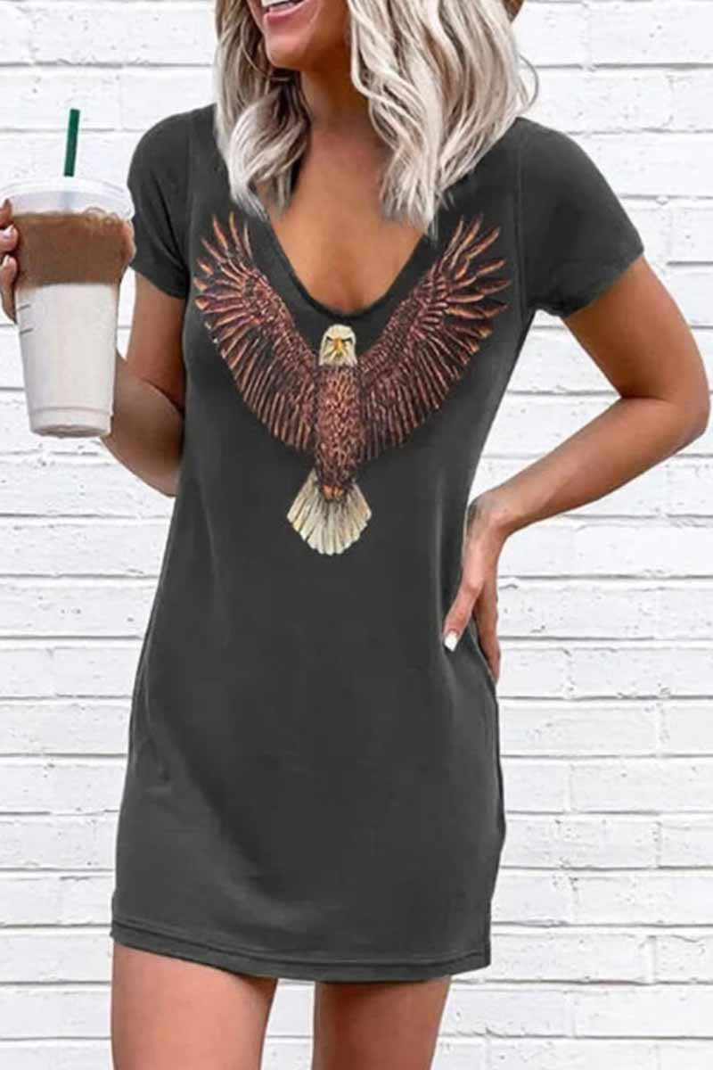 Loose V-neck Eagle Print Short Sleeves Mini Dress