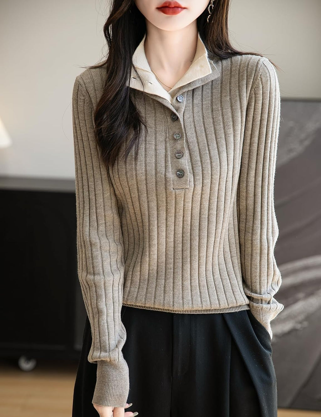 Merino Wool Blend Color Block Stand Collar Sweater