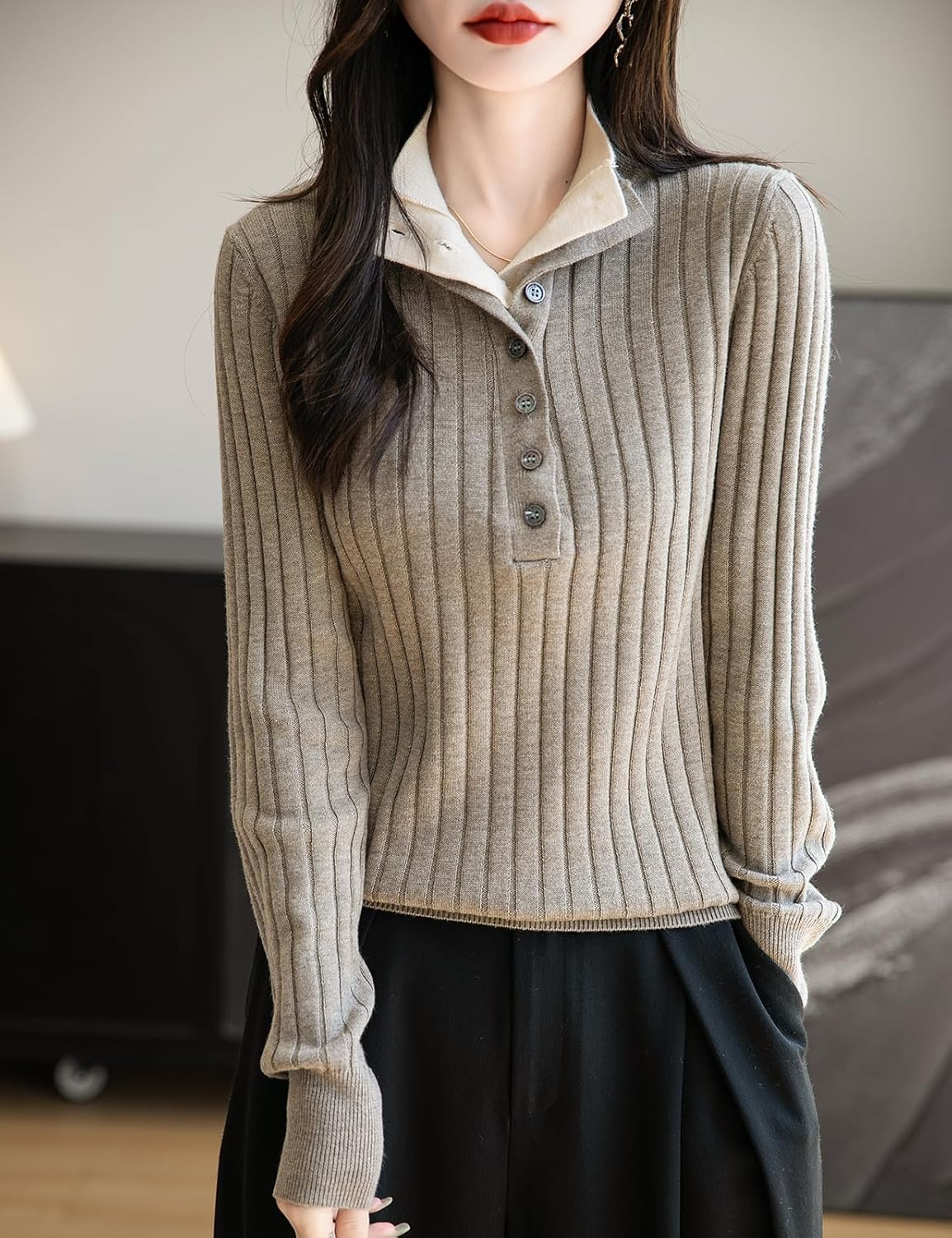 Merino Wool Blend Color Block Stand Collar Sweater