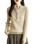 Merino Wool Blend Color Block Stand Collar Sweater