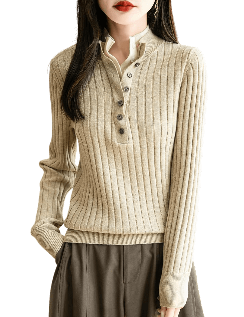 Merino Wool Blend Color Block Stand Collar Sweater