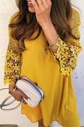 O Neck Patchwork Hollow-out Yellow Mini Dress