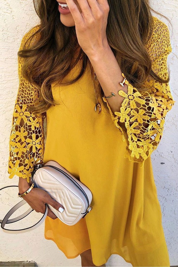 O Neck Patchwork Hollow-out Yellow Mini Dress