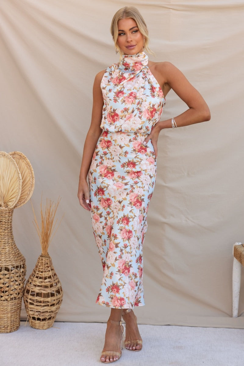 Wine Country Dates Halter Neck Elastic Waist Maxi Dress
