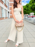 Strappy Jumpsuit With Wide Leg Pleated Detail in Beige