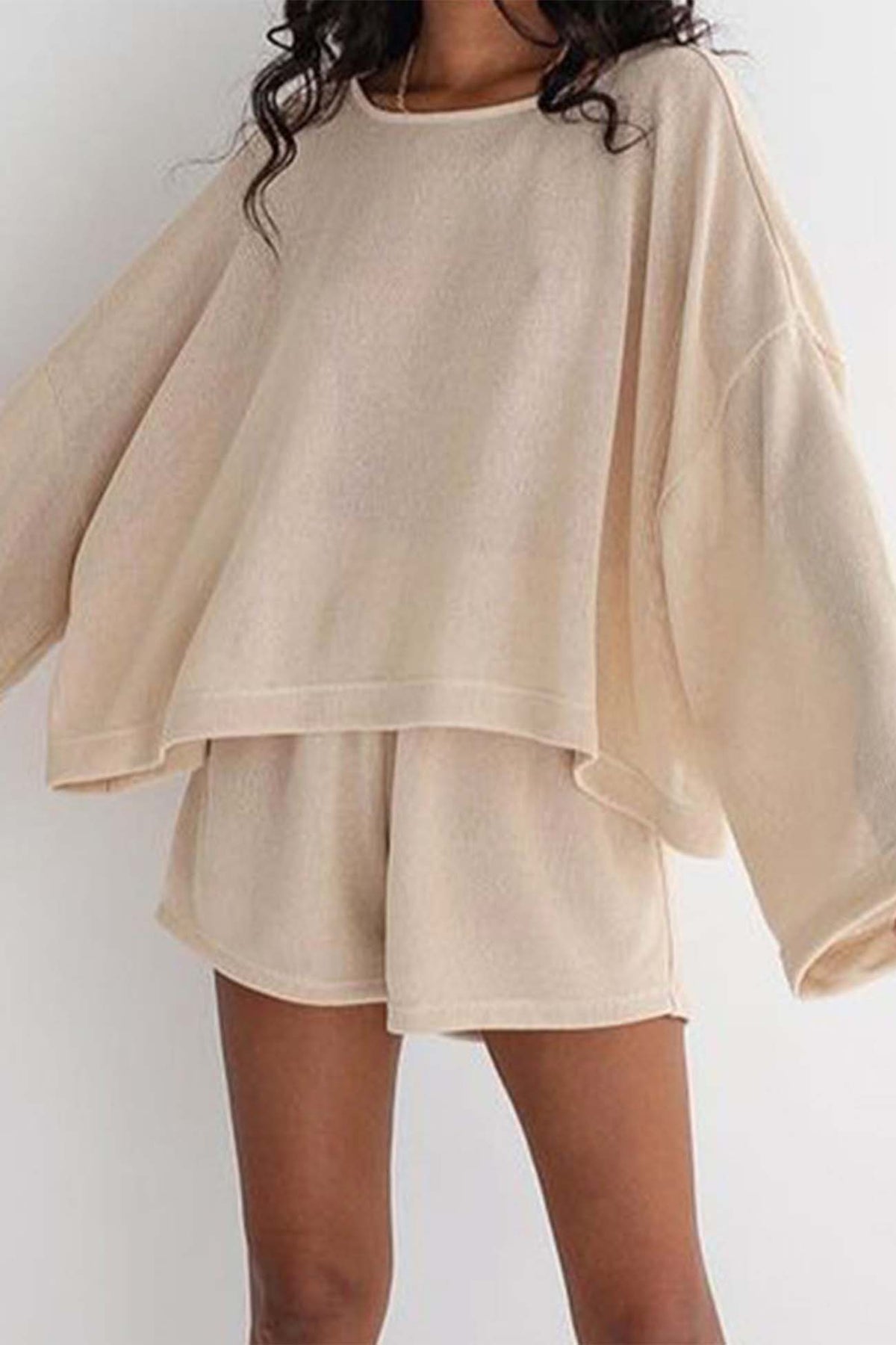 Khaki Long Sleeve Shorts Two-piece Set