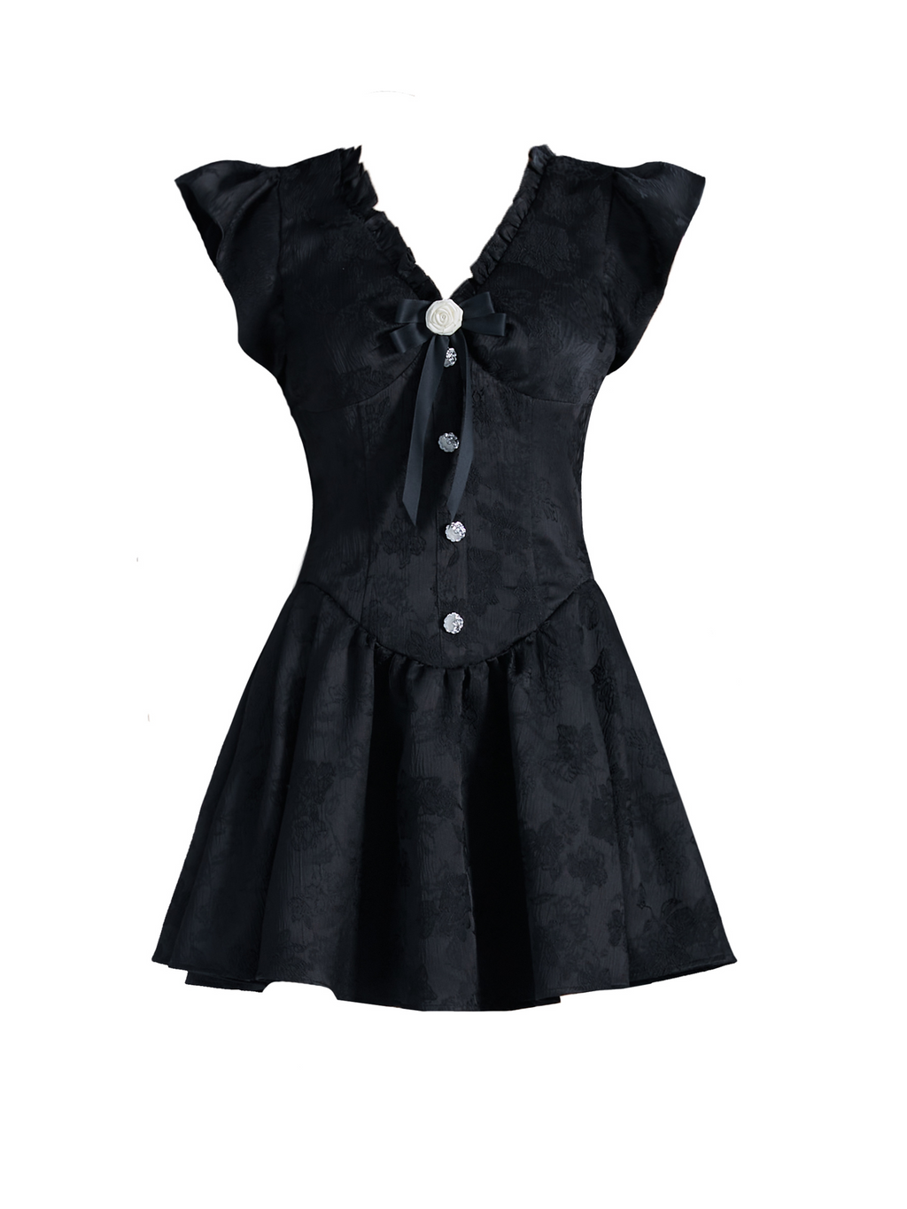 -inspired Black Flutter Sleeve Mini Dress With Button Front