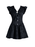 -inspired Black Flutter Sleeve Mini Dress With Button Front