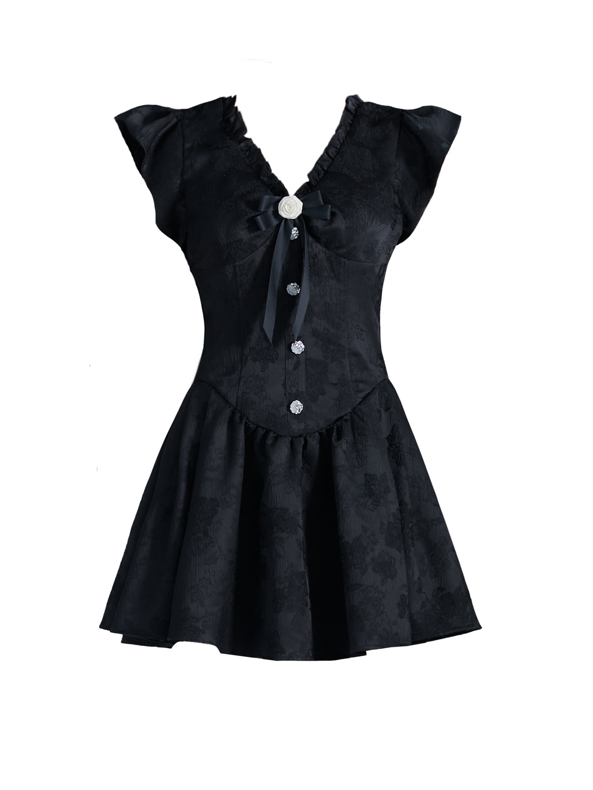 -inspired Black Flutter Sleeve Mini Dress With Button Front